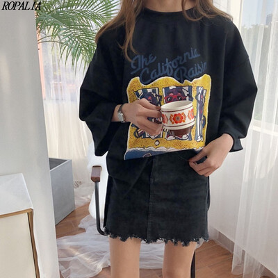 

Womens Round Neck Letter Print 34 Sleeve Loose T-Shirt