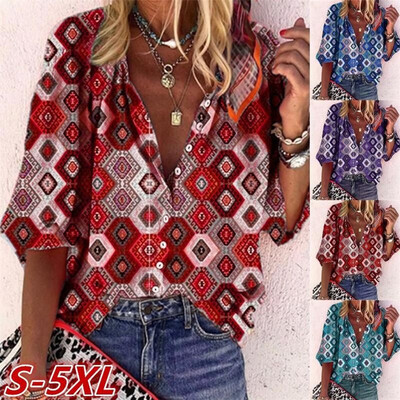

2019wish Amazon eBay Europe&America cross-border autumn&winter diamond print casual explosion models blouse G7177 red