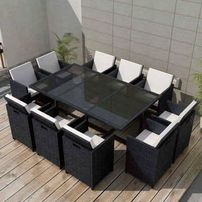 

11 Piece Outdoor Dining Set with Cushions Poly Rattan Black