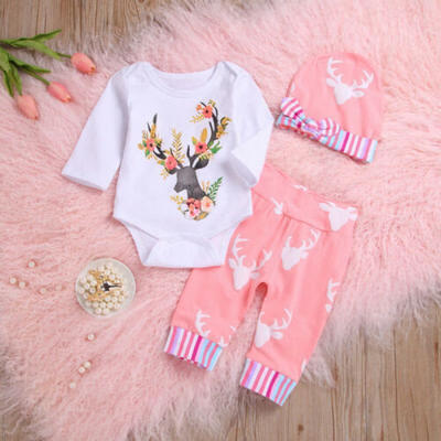 

3PCS Newborn Baby Girls Boys Clothes Romper TopsDeer Pants Leggings Outfits Set