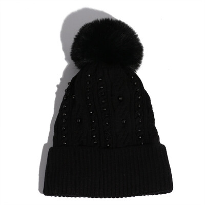

Hats ladies autumn&winter Korean version pearl wool cap thickened&fluffy ball hood outdoor warm knit cap tide