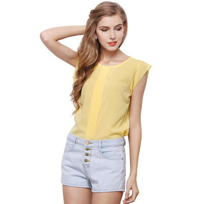 

Solid Color Chiffon Tees Tops Women Short Flying Sleeve Round Neck T-shirts