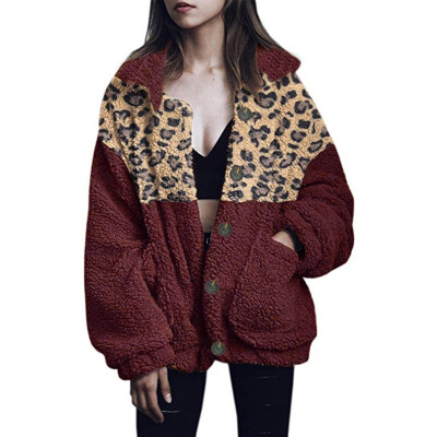

Toponeto Women Winer Plus Size Jacket Warm Leopard Splice Outwear Plush Pocket Long Coat