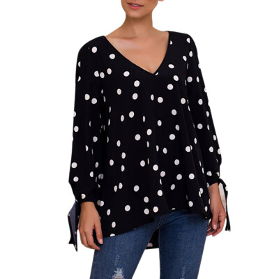 

Fashion New Autumn V-neck Long-sleeved Loose T-shirt Wave Print Lace-up Versatile Shirt Black