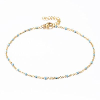 

304 Stainless Steel Cable Chain Anklets with Enamel Links Golden SkyBlue 9"23cm 152mm