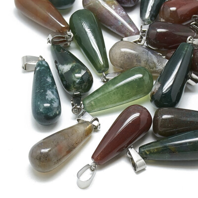 

Natural Indian Agate Pendants with Stainless Steel Snap On Bails Drop 2830x1012mm Hole 6x4mm