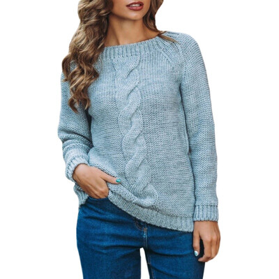 

Women Autumn Winter Solid Color Slim Long Sleeved Round Collar Knit Sweater