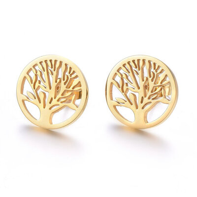 

304 Stainless Steel Stud Earrings Flat Round with Tree of Life Golden 15x12mm Pin 08mm
