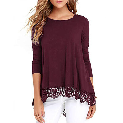 

Women Loose Lace Stitching Round Collar Spring Solid Color Loose Long Sleeve Casual Simple Wild T-Shirt