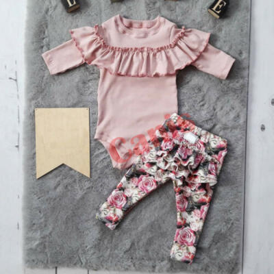 

US 2PCS Newborn Baby Girl Flower Romper TopsRuffle Long Pants Outfits Clothes