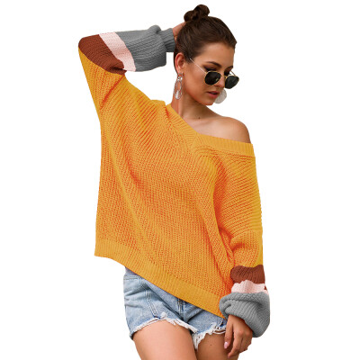 

New Women Autumn Stylish Loose Color-blocked All-match V-collar Concise Long Sleeve Sweater