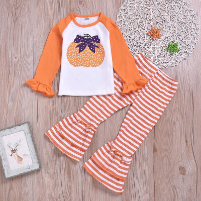 

Halloween New Toddler Kids Girl Pants 2 Pieces Outfits Flared Long Sleeve Pumpkin T-Shirts Tops Striped Bell Pants Orange 2