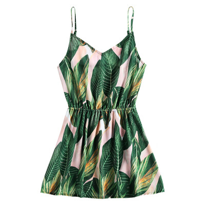 

Spaghetti Strap Backless Leaf Print Elastic Waist Women Slip Dress