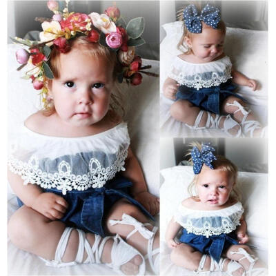 

2Pcs Toddler Baby Girls Lace Tops Shirt Bowknot Denim Shorts Outfits Set Clothes