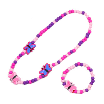 

1 Set Girls Pink Wooden Lovely Smile Beaded Necklace & Bracelet Kids Jewelry