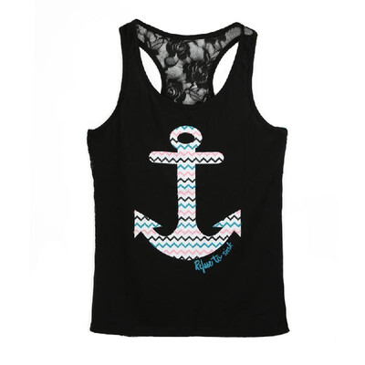 

New Fashion Women Tank Top Anchor Print Lace Back Sleeveless Vest Blouse Casual T-Shirt Black