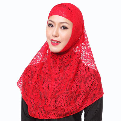 

New Fashion Full Cover Muslim Hijab Two Piece Set Lace Solid Islamic Turban Cap Beanies
