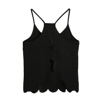 

New Sexy Women Strap Tank Top Scoop Neck Open Back Scalloped Edges Backless Casual Vest Black