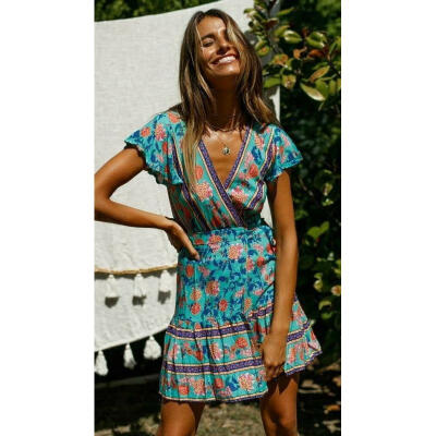 

New Women Boho Floral Short Sleeve Dress Party Evening Summer Beach Sundress