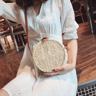 

Summer Casual Women Round Straw Handbag Bohemian Retro Woven Circle Rattan Crossbody Shoulder Bag