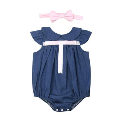 

2pcs Toddler Baby Girls Casual Sleeveless Denim Bow-knot Romper Headband Outfits