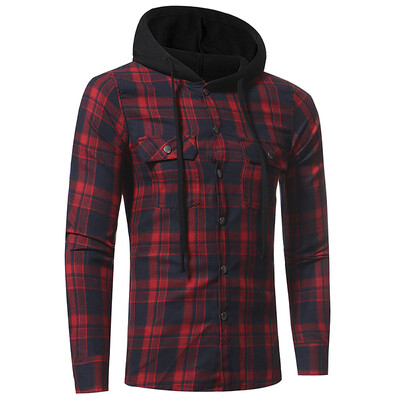 

Flannel Large Plaid Double Pocket Hooded Casual Men Long Sleeve Shirt