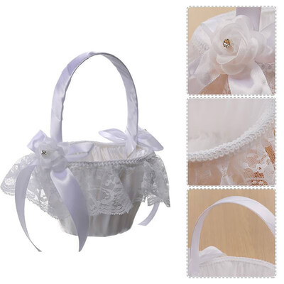 

Satin Bowknot Lace Flower Girl Basket Storage Wedding Ceremony Party Supply