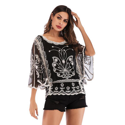 

Floral Embroidery Hollow Women Lace Shirt Batwing Sleeve O Neck Loose Tops