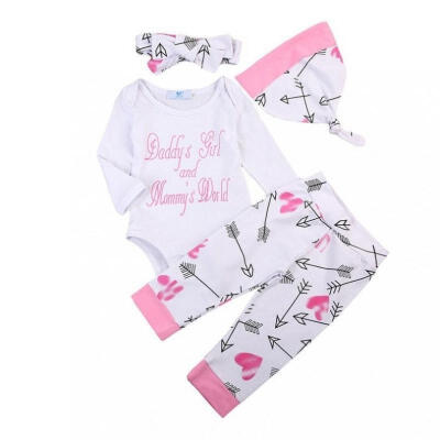 

2017 Autumn Fashion Newborn Baby Girls Clothes Long Sleeve Letter Print Romper TopsPant Hat Headband 4PCS Outfit Toddler Kids