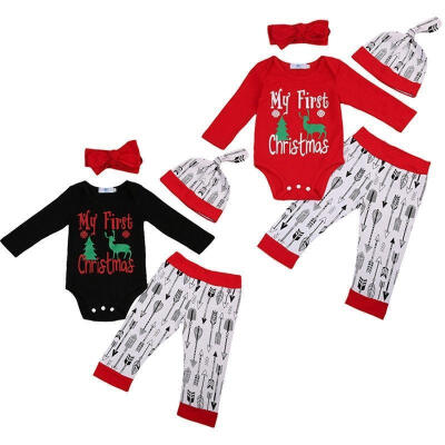 

Newborn Baby Boys Girls Christmas Clothes Tops Romper Pants Hat 4PCS Outfits Set Xmas 2017