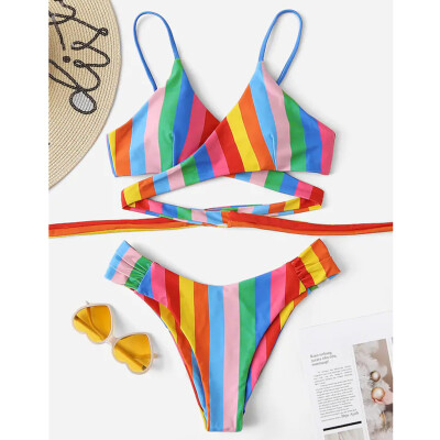 

Roseonmyhand Women Bikini Set Rainbow Print Padded Swimwear Bathing Swimsuit Beachwear