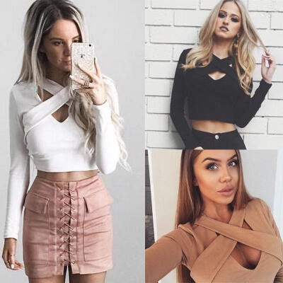 

Women Sexy Cross V-NECK Crop Tops Long Sleeve Bustier Blouse Shirt T-Shirts