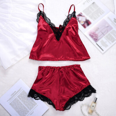 

Womens Sexy Lingerie 2pcs Set V-neck TopShorts Lace Pajamas Sleepwear