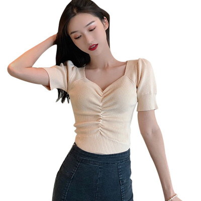 

Womens V Neck Solid Short Sleeve Knitted Sexy T-Shirt