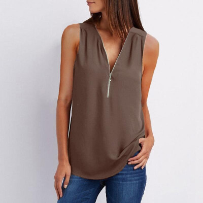 

New Women Loose Vest Tank Top V-Neck Sleeveless Zipper Casual Chiffon Shirt Top Pullover