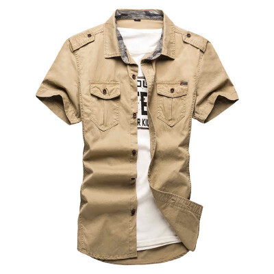 

SQSI tooling military epaulettes double bag short sleeve 2019 loose large size casual half sleeve shirt 4939