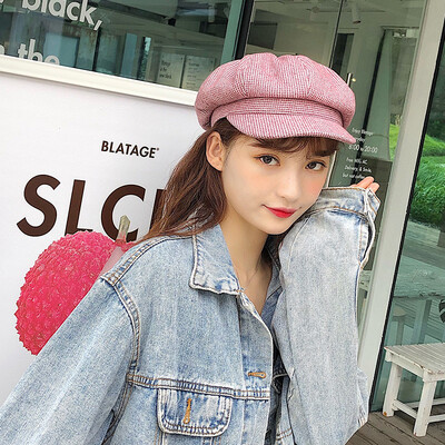 

Hats Wool Cotton Chequered Octagonal Hats British Retro Navy Hats Korean Edition Leisure Literature Beret Tide