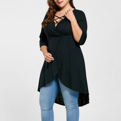 

Roseonmyhand Fashion Women Plus Size Solid O-Neck Lace Up Three Quarter Sleeve Top Shirt