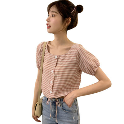 

Summer Cute Girl Blouse Plaid Yellow Square Neck Puff Sleeve Shirt Women Top Chemise Femme Chemisier Blusa Mujer Camisa