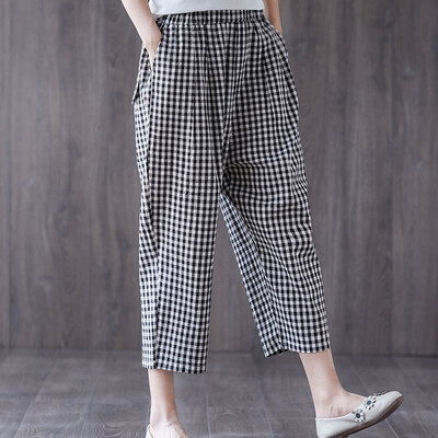 

Tailored Womens Elastic Waist Cotton Linen Trousers Plaid With Pocket Loose Pants