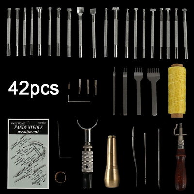 

42pcs Leather Craft Tools Kit for Hand Sewing Sewing Stitching Working Wheels Stamping Punch Tools Set