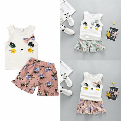 

US Toddler Baby Girl Kids Kitten Flowers Tops Pants Summer Clothes Outfits Sets