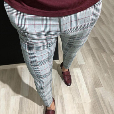 

Gobestart Fashion Men Casual Plaid Print Drawstring Elastic Waist Long Pants Trousers