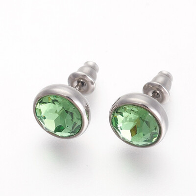 

304 Stainless Steel Stud Earrings with Rhinestone Flat Round Peridot 10x6mm Pin 09mm