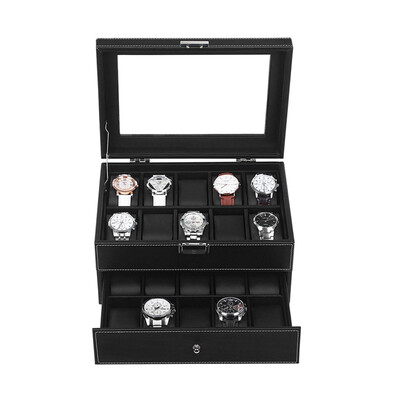 

20 -Slot PU Leather Watch Box Jewelry Case Display Storage Lockable Black