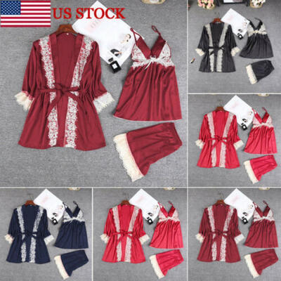 

US STOCK 3pcs Women Sexy Sleepwear Pajamas Lace Sleeveless Silk SleepwearShorts