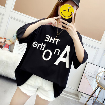 

Women T-shirt Summer Letter Print Round Collar Half Sleeve Loose Airy Cotton Fashion T-shirt Female Top Tee Summer Student Girl