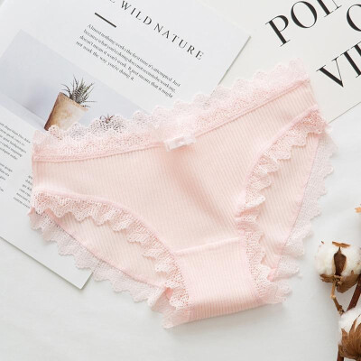 

Women Solid Color Panties Breathable Thread Cotton Mid Rise Lace Trim Bowknot Comfortable Briefs Underwear Lingerie