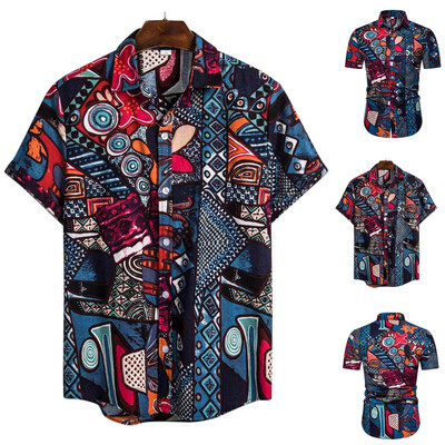 

Toponeto Mens Ethnic Short Sleeve Casual Cotton Linen Printing Hawaiian Shirt Blouse