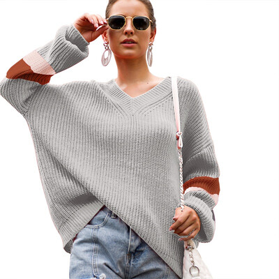 

Women Autumn Stylish Loose Color-blocked All-match V-collar Concise Long Sleeve Sweater